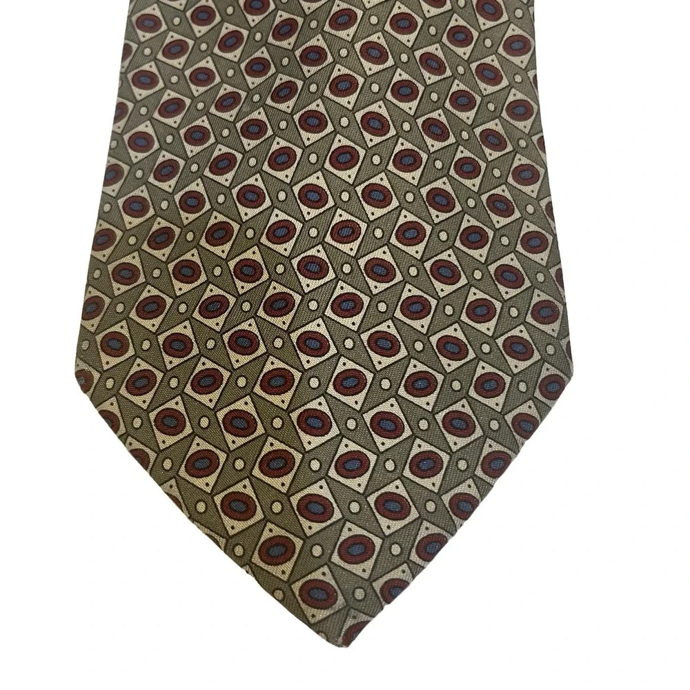 VTG Burberrys London 100% Silk Tie Hand Sewn Classic Width Geometric Olive USA